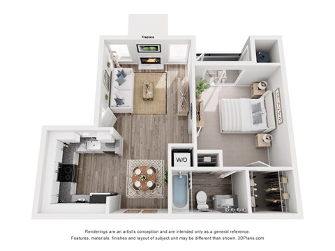 Floor plan for 1 bed, 1 bath, 677 sqft